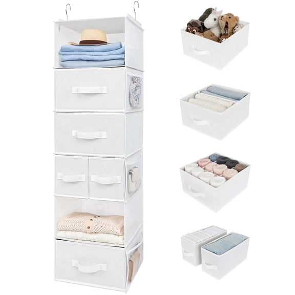 GRANNY SAYS Hanging Closet Organizer and Storage with Drawers, 6-Shelf Foldable Hanging Storage Shelves, White