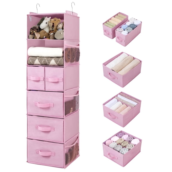 GRANNY SAYS Hanging Closet Organizers and Storage, 6 Shelves Closet Hanging Organizer with 6 Side Pockets, 5 Drawer Storage Organizer, Portable Hanging Shelves for Baby Closet, Pink Shelf