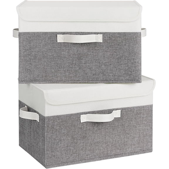 GRANNY SAYS Large Fabric Storage Bins with Lids, Keepsake Box, Collapsible Closet Organizers, White/Gray, 2-Pack