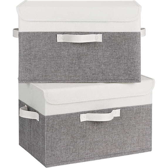 GRANNY SAYS Large Fabric Storage Bins with Lids, Keepsake Box, Collapsible Closet Organizers, White/Gray, 2-Pack