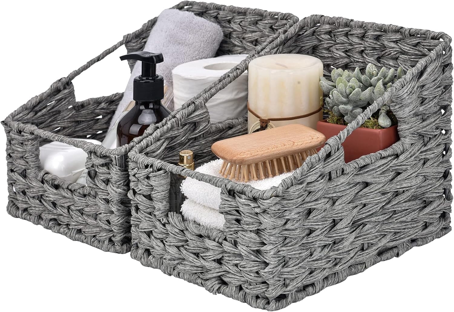 GRANNY SAYS Odorless Trapezoid Wicker Storage Baskets with Handles, Waterproof, Gray, 2-Pack