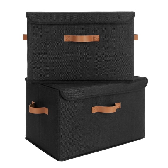 Granny Says Storage Bins with Lids, Extra Large Fabric Storage Boxes with PU Handles, Black, 2-Pack
