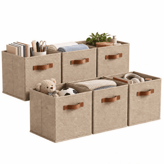 GRANNY SAYS Cube Storage Bins with Leather Handles, 11 Inch Collapsible Fabric Storage Bins for Closet Organization, Clothing Storage Bins for Shelves, 6-Pack, Khai