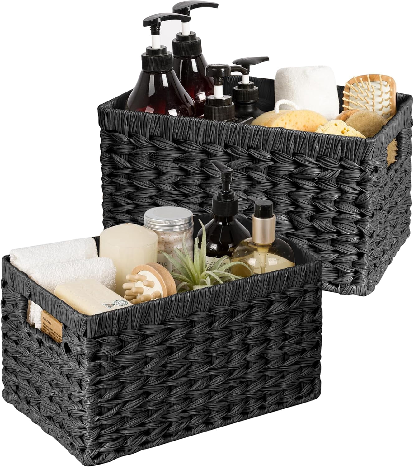 GRANNY SAYS Wicker Storage Baskets for Shelves, Waterproof Woven Baskets for Organizing, Hand Woven Rectangle Basket for Pantry, Black, 2-Pack