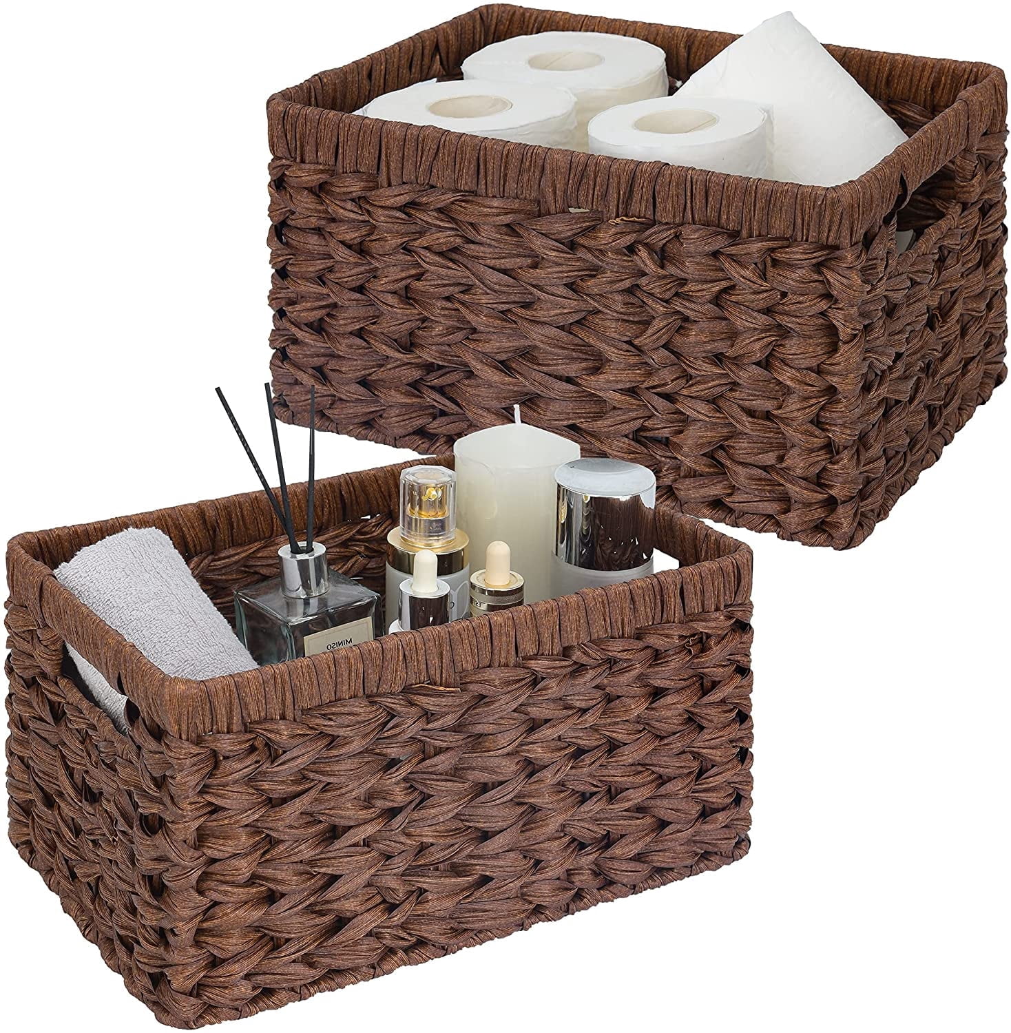 GRANNY SAYS Wicker Storage Baskets for Shelves, Waterproof Woven Baskets for Organizing, Hand Woven Rectangle Basket for Pantry, Brown, 2-Pack