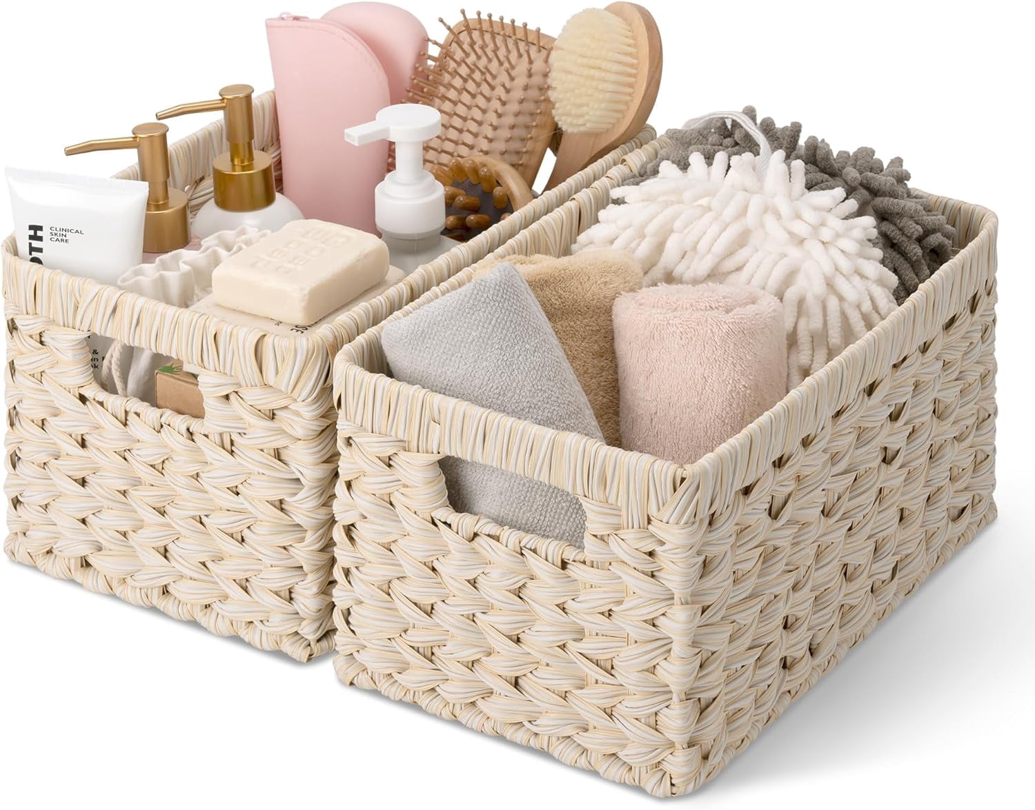GRANNY SAYS Wicker Storage Baskets for Shelves, Waterproof Woven Baskets for Organizing, Hand Woven Rectangle Basket for Pantry, Butter Milk, 2-Pack