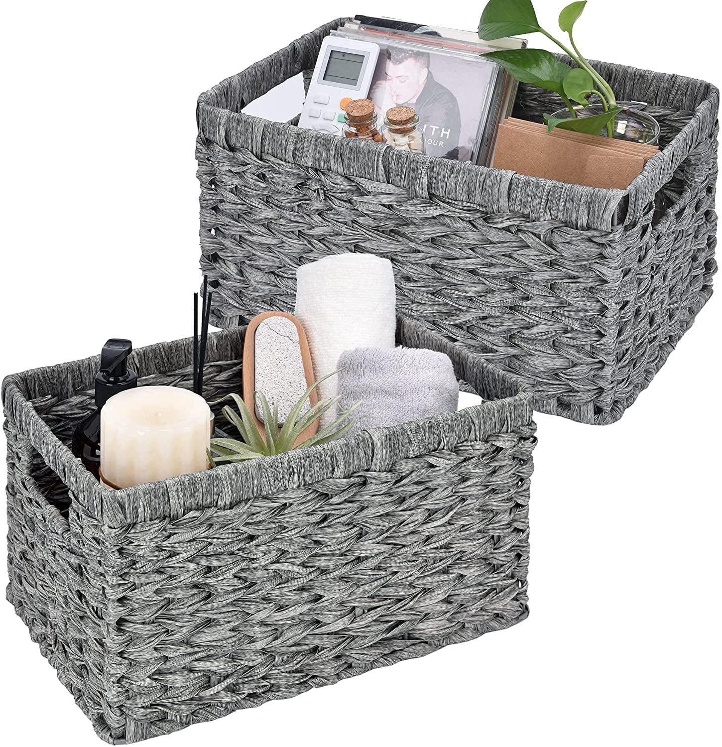 GRANNY SAYS Wicker Storage Baskets for Shelves, Waterproof Woven Baskets for Organizing, Hand Woven Rectangle Basket for Pantry, Gray, 2-Pack