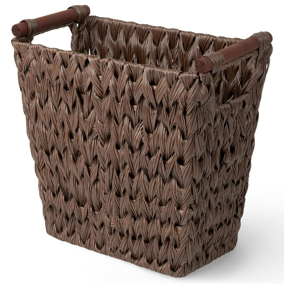 GRANNY SAYS Woven Trash Basket, Brown Wastepaper Basket with Handles, Wicker Bathroom Trash Can for Dorm Laundry Room, 1-Pack, 13" x 7 ½" x 12 ½"