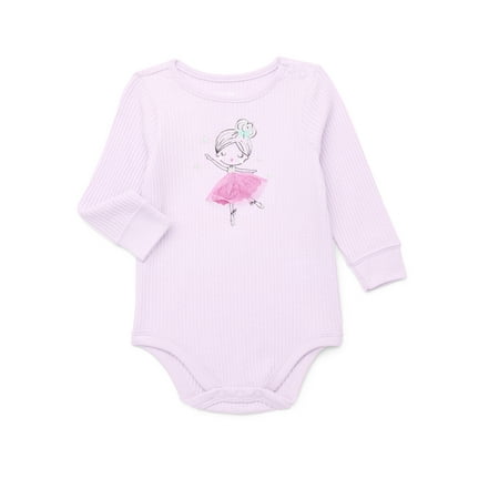 Garanimals Baby Girl Graphic Print Waffle Knit Bodysuit with Long Sleeves, Sizes 0-24 Months