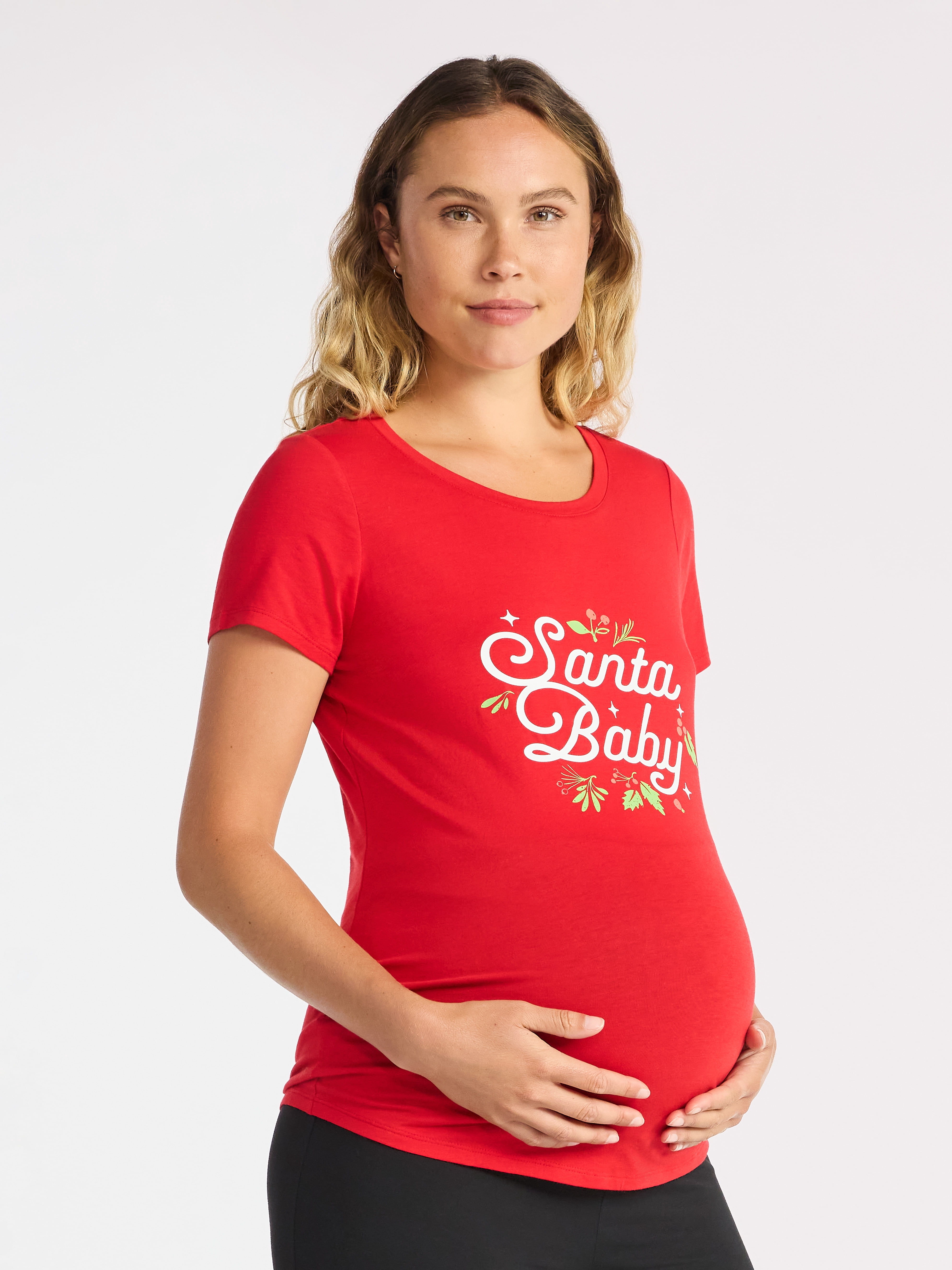 Time and Tru Women’s Maternity Christmas Graphic Tee with Short Sleeves, Sizes S-XXL
