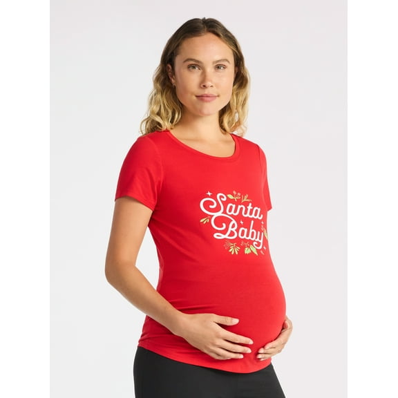 Time and Tru Women’s Maternity Christmas Graphic Tee with Short Sleeves, Sizes S-XXL