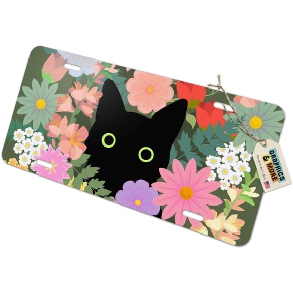 GRAPHICS & MORE Black Cat Hiding in Spring Flowers Novelty Metal Vanity Tag License Plate