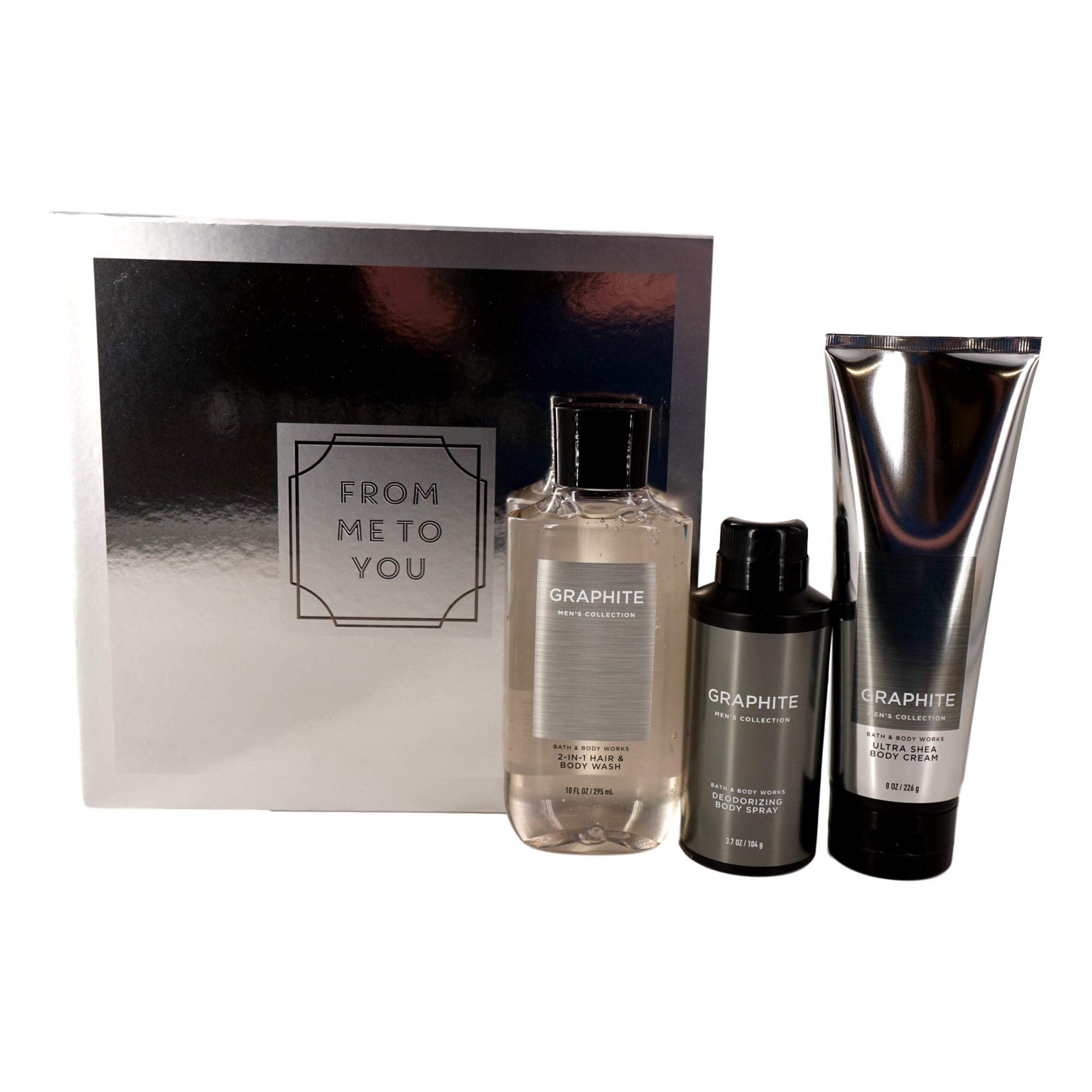 Graphite for Men Gift Box Set for Me to You - 2-in-1 Hair + Body Wash, Ultra Shea Body Cream and Deodorizing Body Spray Arranged in An Easel-Style