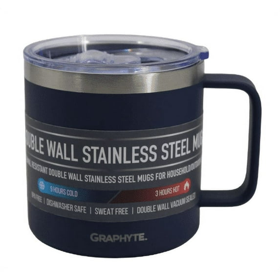 GRAPHYTE Double Wall Vacuum Insulated Stainless Steel Mugs with Handle and Slider Lid, Navy (14oz)