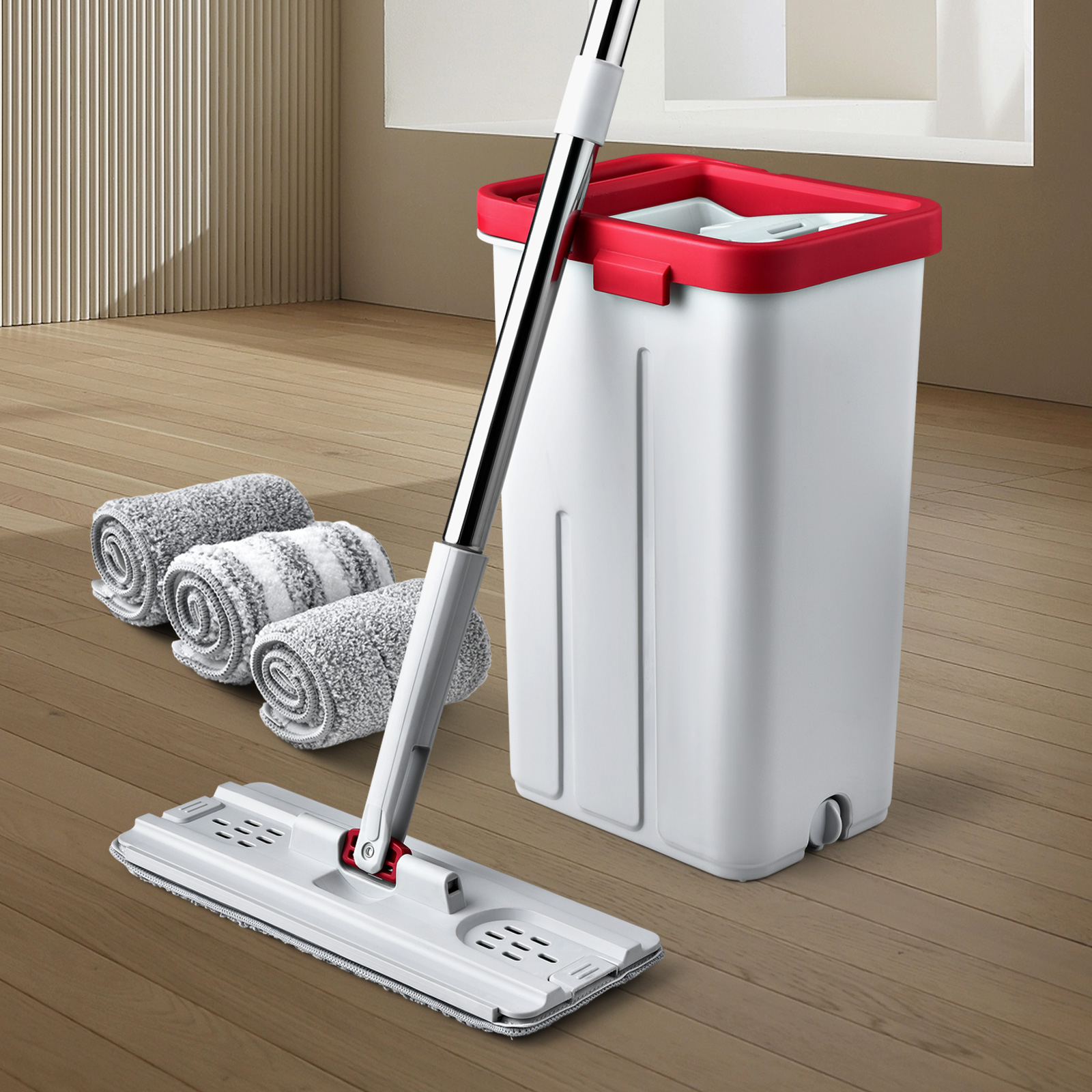 CleanZoom Reusable Mop and Bucket Set, Wet or Dry, Compact Flat Mop and