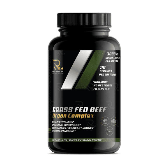 Restore 24 Nutrition Grass Fed Beef Organ Complex  Desiccated Liver, Heart, Kidney, Pancreas & Spleen  Supports Immunity & Thyroid Health  Rich in B12, CoQ10 & Iron  60 Capsules
