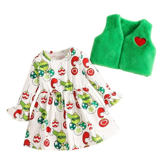 GRATEDREAM Toddler Baby Girl Dress and Cardigan 2 Piece Girl Christmas Outfit Dress and Long Sleeve Crop Coat Set for 18-24M Green