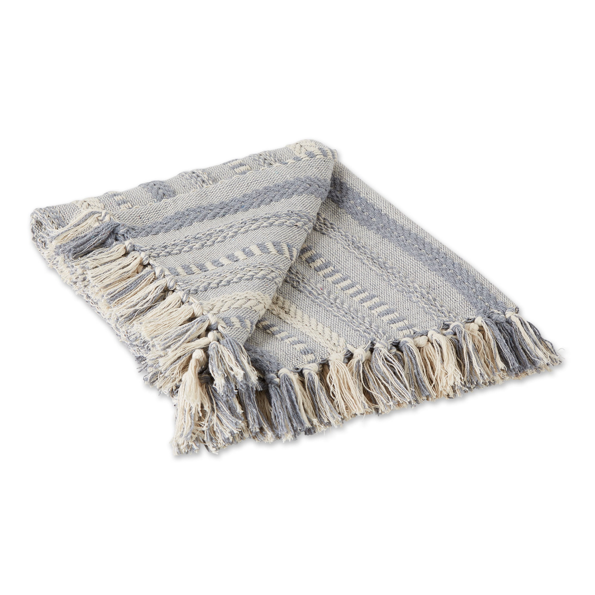French Blue Cotton Braided Stripe Throw Blanket with Fringe