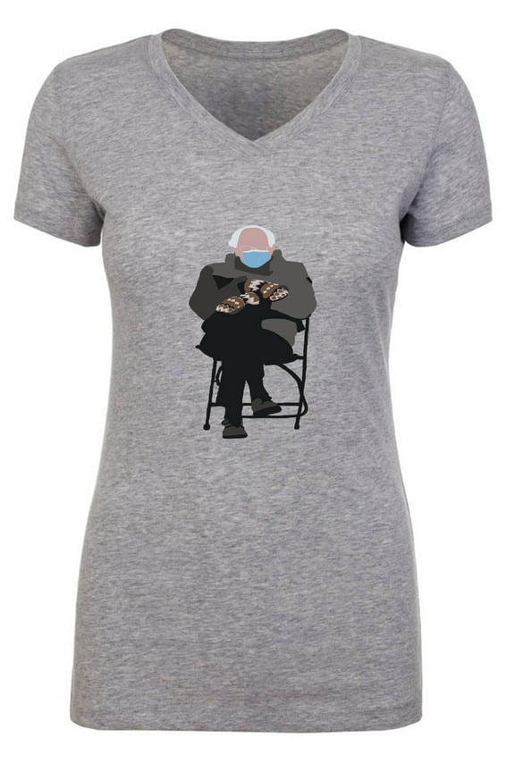 GRAY Bernie Sanders Mittens Inauguration Meme LADIES V-NECK T-shirt ADULT