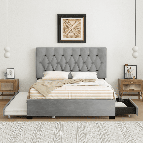 GRAY QUEEN SIZE TRUNDLE PULL OUT DRAWERS STORAGE UPHOLSTERED BED MODERN DESIGN NO BOX SPRING REQUIRED