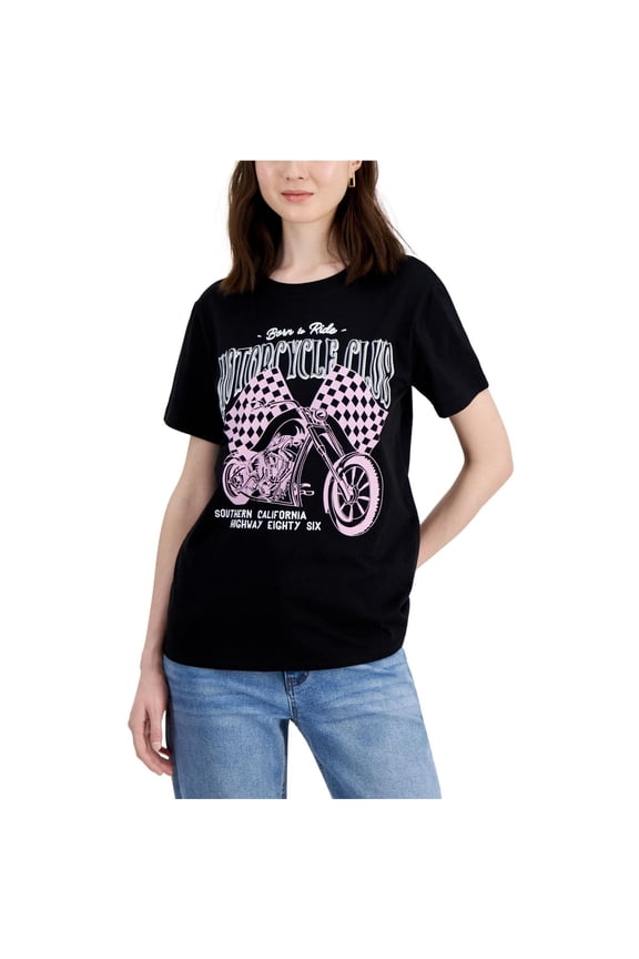 GRAYSON/THREADS Womens Motorcycle Club Crewneck Tee Basic T-Shirt, Black, Juniors, Large