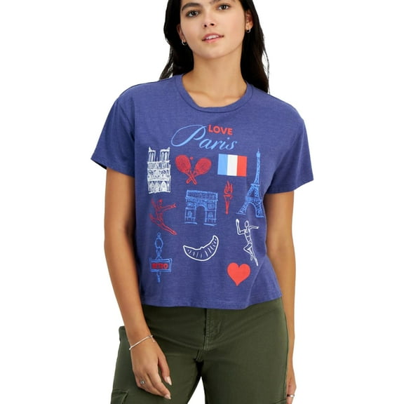 GRAYSON/THREADS Womens Paris Print Graphic T-Shirt, Blue, Juniors, Large
