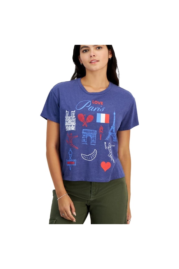 GRAYSON/THREADS Womens Paris Print Graphic T-Shirt, Blue, Juniors, Large