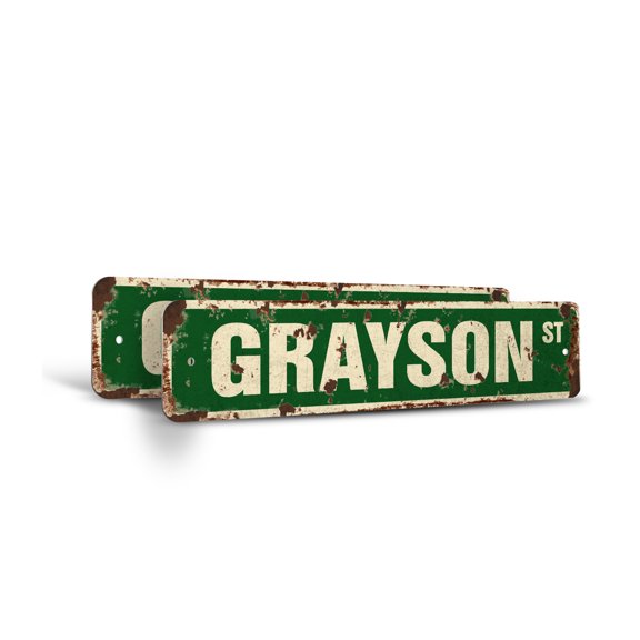 GRAYSON Vintage Style Rustic Street Sign – (2 Pack) Childrens Name Room Sign Retro Decorative Wall Sign for Home, Bar, Garage, or Outdoor Use | 6" X 24" Aluminum Metal Road Sign