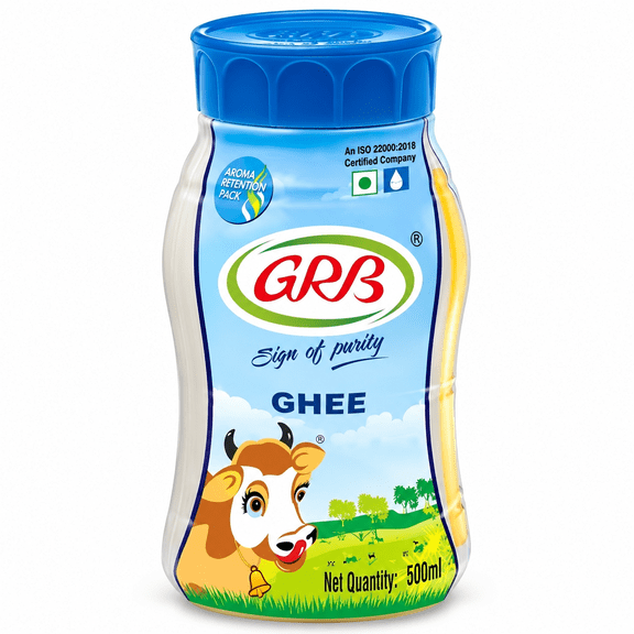 GRB Cow Ghee Pure Desi Ghee with Rich Aroma & Granular Texture | 100% Cows Milk | No Preservatives | ISO 22000 Certified | GMP & HACCP Compliant | Made in India 500ml