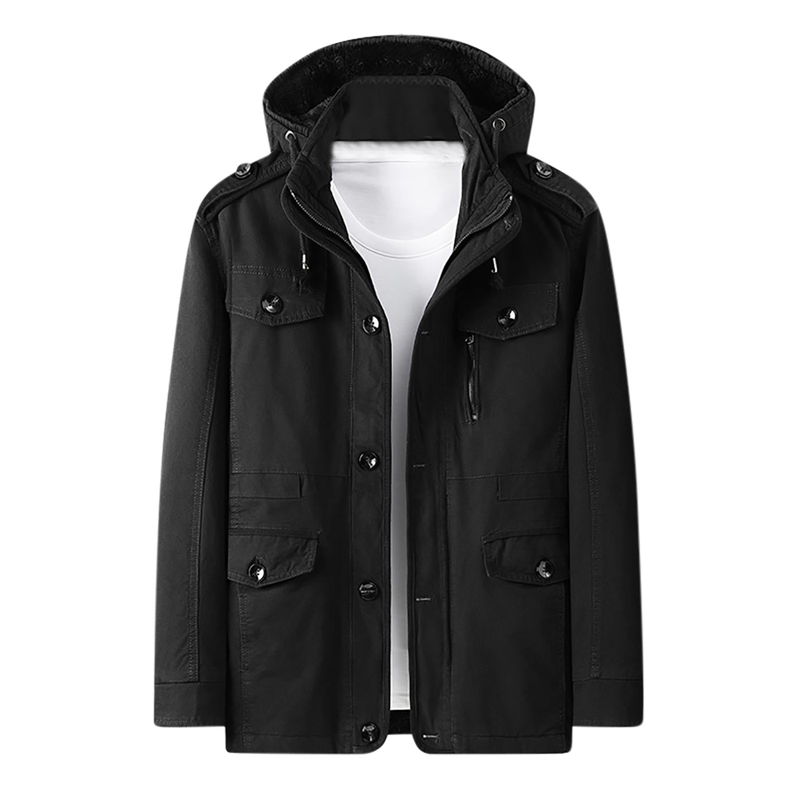 GRBOZC Long Sleeve Hooded Jacket for Men Casual Heavyweight Zip Up Cargo Coat Drawstring Regular