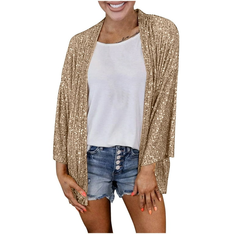 GRBOZC Luxury Sequins Cardigan for Womens Long Sleeve Flowy Cover Up Glitter Party Elegant Open Front Tops