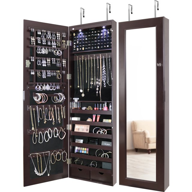 GRC Over The Door Jewelry Organizer Armoire with Large Mirror and Led
