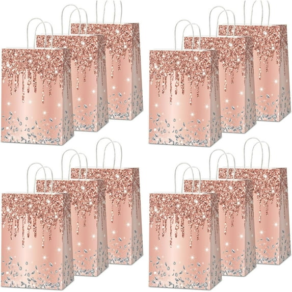 GRD 12Pcs Pink Rose Gold Gift Bags Glitter Diamond Goodie Bag Happy Birthday Treat Bag Rose Gold Candy Bags Supply for Wedding Bridal Baby Shower Holiday Party Favors Decoration 4.7*3.15*8inch