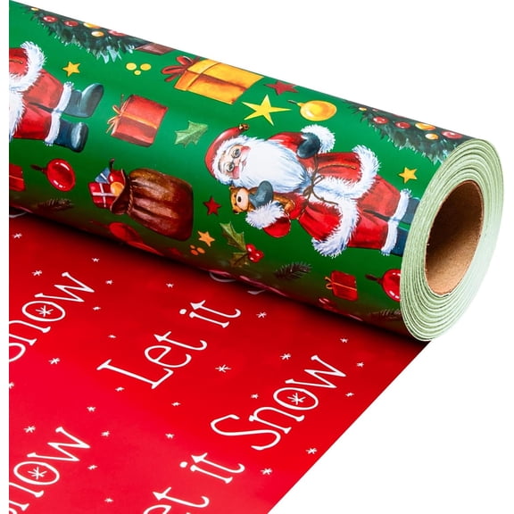GRD Christmas Wrapping Paper, Reversible Green Christmas Tree, Santa Claus Design Gift Wrapping Paper, Mini Roll (17 Inch X 32.8 Feet)