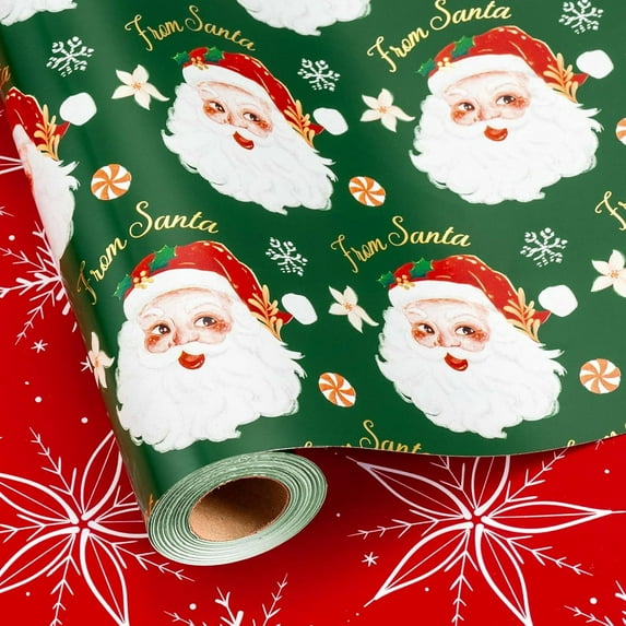 GRD Christmas Wrapping Paper, Reversible Green Santa, Red Snowflake Design Gift Wrapping Paper Suitable for Christmas, Mini Roll (17 Inch X 32.8 Feet)