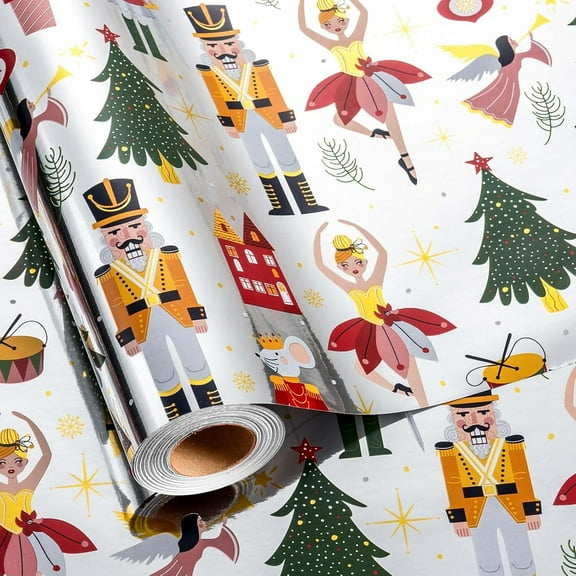 GRD Christmas Wrapping Paper, Silver Nutcracker Gold Foil, Christmas Tree Design Gift Wrapping Paper Suitable for Holiday, Mini Roll (17 Inch X 32.8 Feet)