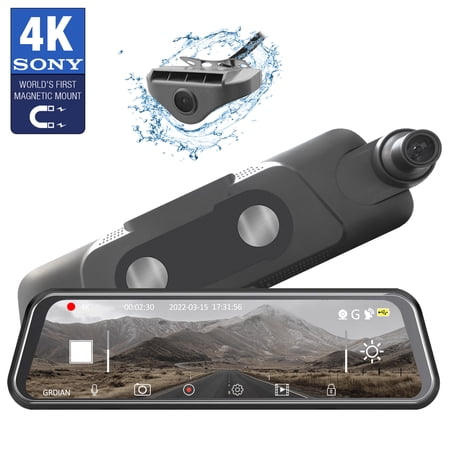 GRDIAN Arc4K 10" Rear-View Mirror Camera, Dual-Channel Front and Rear, Touchscreen, Parking Mode, Seamless Magnetic Mount Design