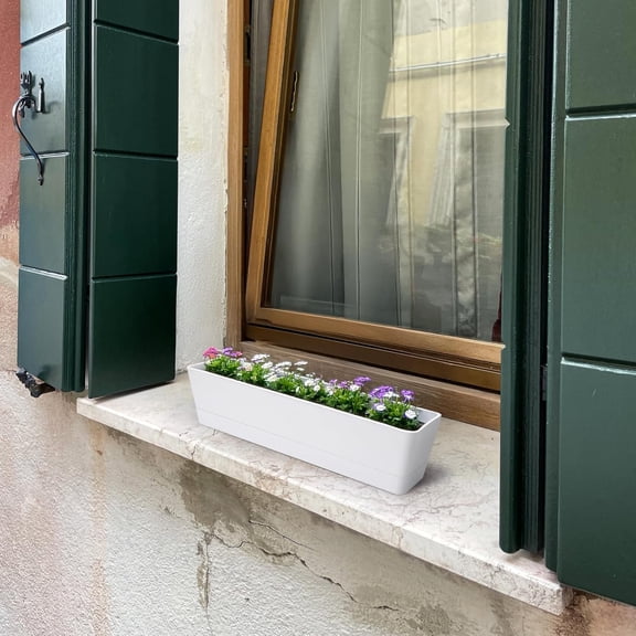 GREANER Long Window Boxes Planters, 6 Pack 16x3.8 Inch Vegetable Box Pot with Tray, Indoor Succulent Cactus Flowers Plastic Rectangle Pot for Balcony, Office, Garden, Outdoor, Windowsill - White