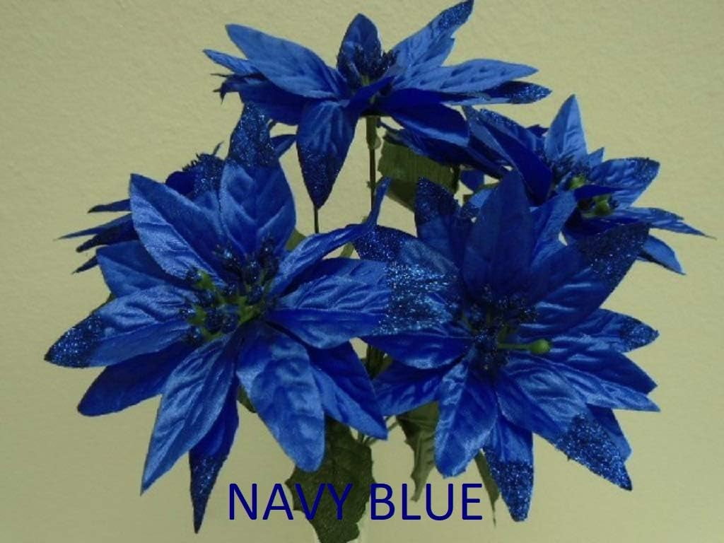 GREAT 4 Bushes NAVY BLUE Christmas Glitters Poinsettia Artificial Silk