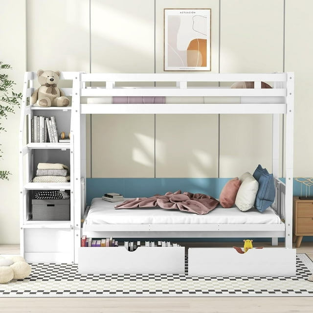 GREAT Over Full Futon Bunk Beds With Stairs And Storage Drawers