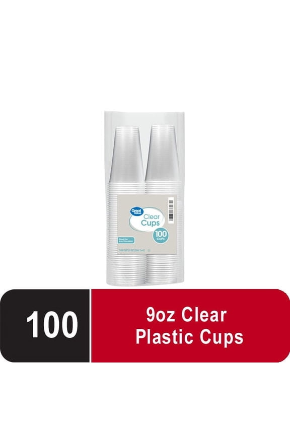 Disposable Plastic Cups, Clear, 9 oz, 100 Count