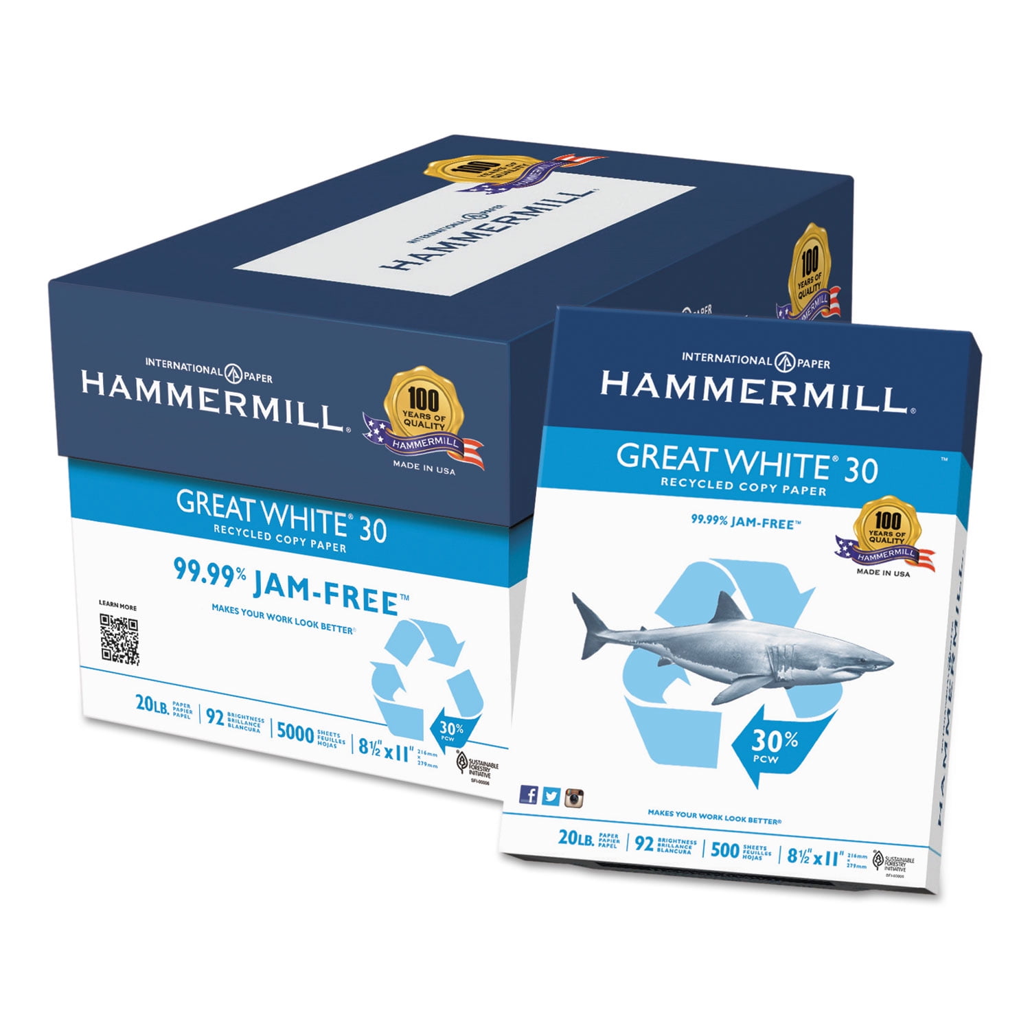 GREAT WHITE 30 RECYCLED PRINT PAPER, 92 BRIGHT, 20LB, 8.5 X 11, WHITE, 500 SHEETS/REAM, 10 REAMS/CARTON