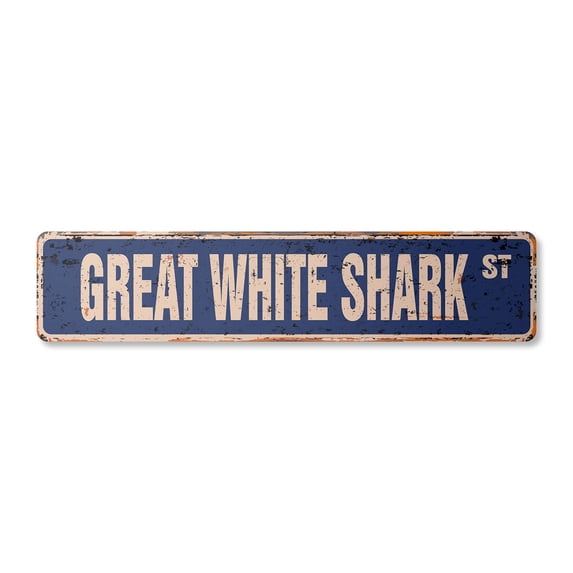 GREAT WHITE SHARK Vintage Plastic Street Sign week ocean dangerous teeth mammal | Indoor/Outdoor | 18" Wide