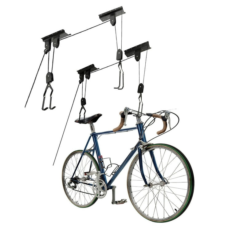GREAT WORKING TOOLS Bike Hoist for Garage Ceiling Mount Pulley System Bike Storage 55 Lbs Limit Set Of 2 Bike Hangers for Garage Storage