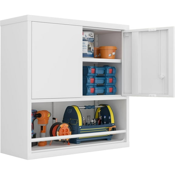 GREATMEET 31" H Metal Cabinets with Doors and Shelves, Lockable Storage Cabinet, Wall Cabinet Storage for Kitchen, Dining Room,White