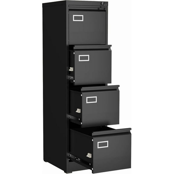 GREATMEET 4 Drawer File Cabinet with Lock, Small Metal File Cabinets for Home Office 4 Drawer, Black Vertical Filing Cabinets for Letter/Legal/A4/F4 Size File,Assembly Require