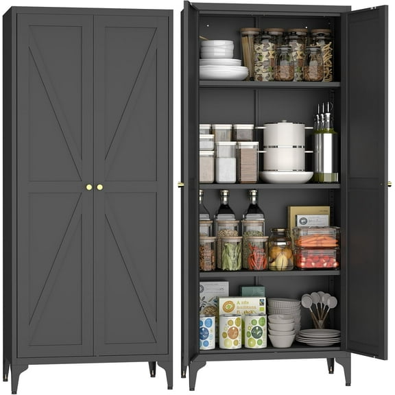 GREATMEET 65" Tall Metal Pantry Cabinet, Black Tall Storage Cabinet, Small Food Pantry Cabinet, Kitchen Storage Cabinet with 3 Adjustable Shelves，Cupboard for Kitchen, Dining Room, Living Room