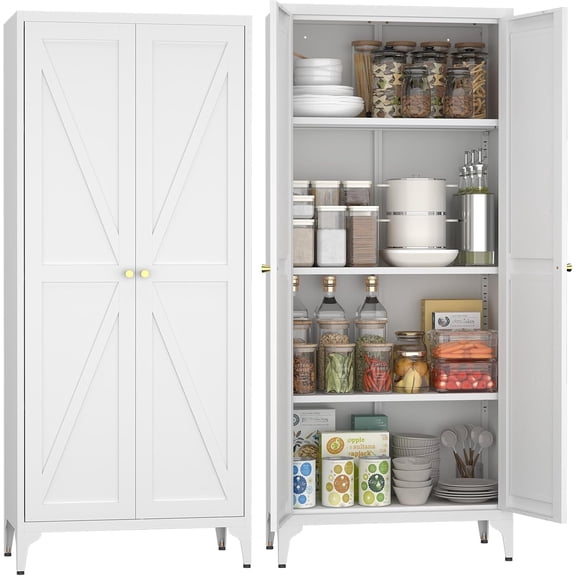 GREATMEET 65" Tall Metal Pantry Cabinet with Doors, White Tall Storage Cabinet, Small Food Pantry Cabinet, Kitchen Storage Cabinet with 3 Adjustable Shelves,Cupboard for Kitchen, Dining Room