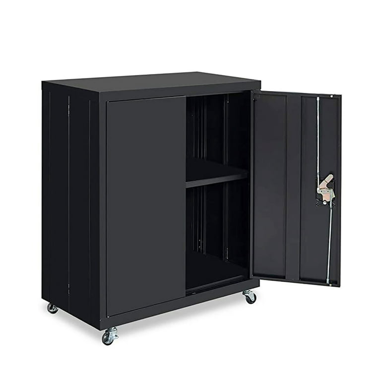 GREATMEET Metal Storage Cabinet with Locking Doors and Adjustable Shelf,  Folding Filing Storage Cabinet with Wheels, Rolling Storage Locker Cabinet