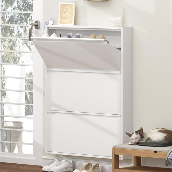 GREATMEET Shoe Cabinet with 3 Flip Drawers, Metal Entrance Shoe Cabinet Storage for Entryway, Modern Hidden Narrow Shoe Rack Organizer Cabinets Wall Mount for Living Room, Bedroom, Hallway, White